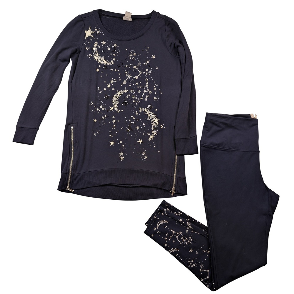 Chicos Zenergy Navy Celestial Constellation Star Sequin Tunic and Leggings Set